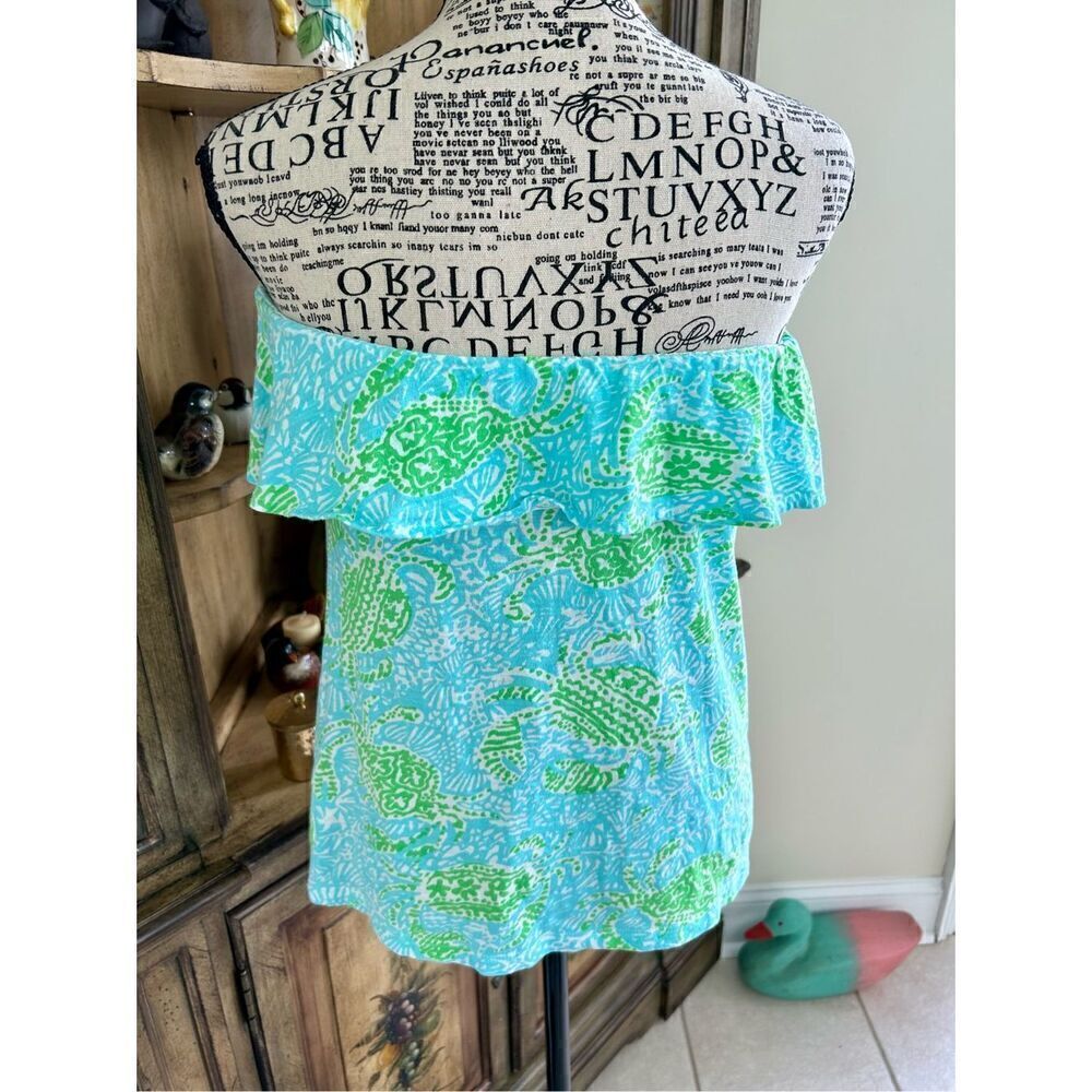 Lilly Pulitzer Strapless Tee Shirt XS 32 Bust Blue Green Coconut Girl Knit Top - Picture 6 of 7